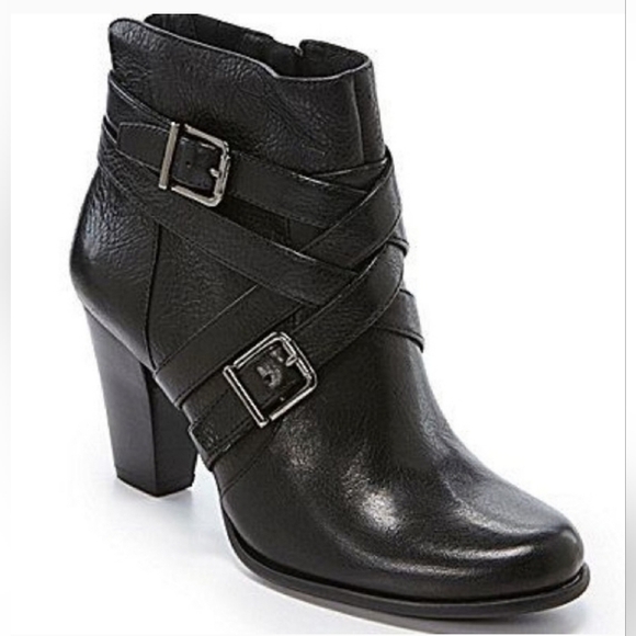 NURTURE Womens Black Leather Ankle Zip 3 Inch Heel Buckle Booties Boots Sz 8.5 M - Picture 1 of 10